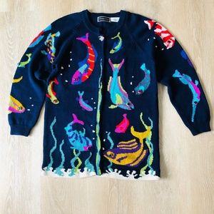 Christine Foley Cardigan Sweater Tropical Fish Hand Knitted size 3/L Embellished